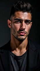 Fototapeta premium Man in Black Suit with Intense Gaze on Dark Background