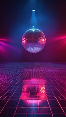 Retro 80s disco club with colorful lights and glowing dance floor. Generative AI