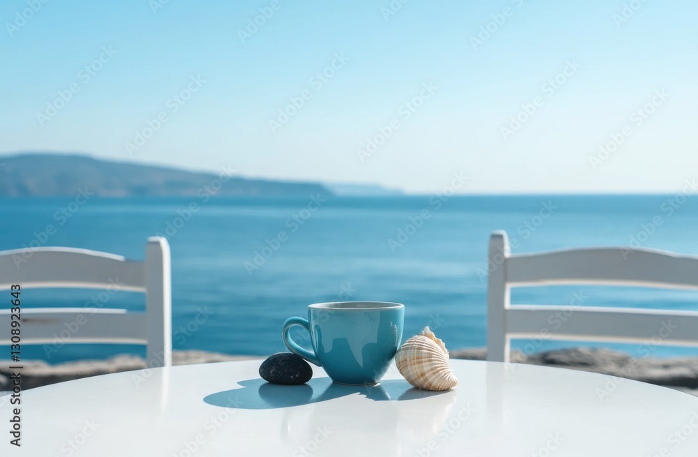Poster blue coffee cup, shell and black pebble are placed on a white table with two chairs next to it. in t