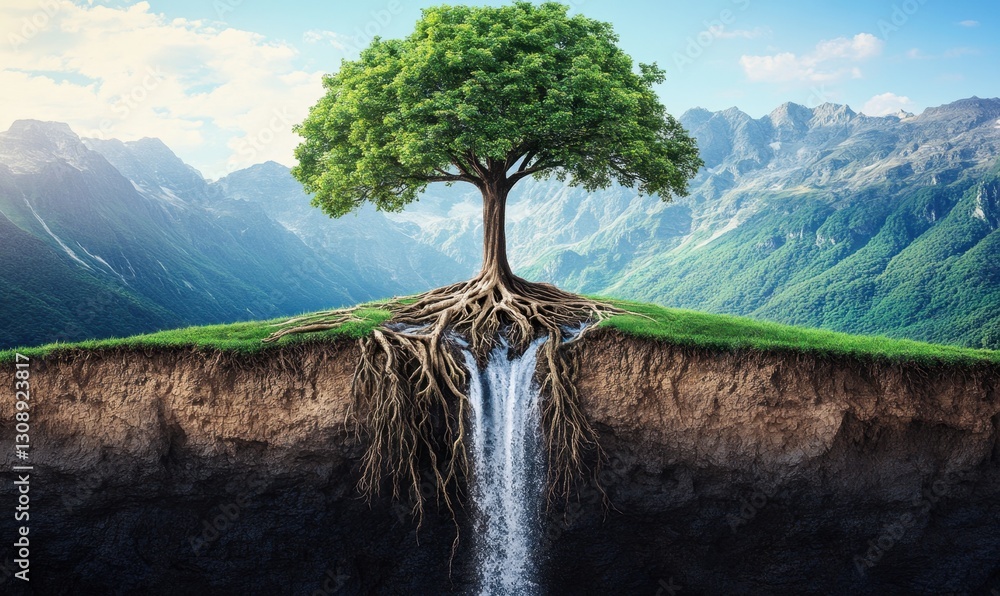 Poster tree with roots and waterfall on a hilltop with mountain background