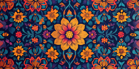 Seamless Mughal-Style Floral and Geometric Pattern in Rich Colors for Art, Textiles, or Architectural Design