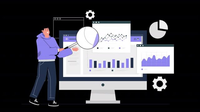 An animated flat character analyzing browser data, tracking performance, and user interactions.