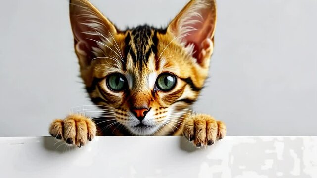 A playful bengal kitten looks over a white surface, showing its unique fur pattern and large, expressive eyes