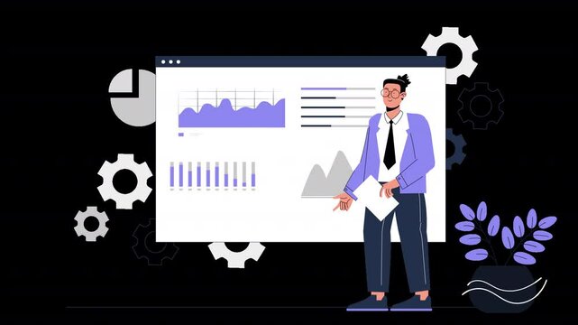 A structured 2D vector animation showcasing browser stats, analytics, and insights for optimization.