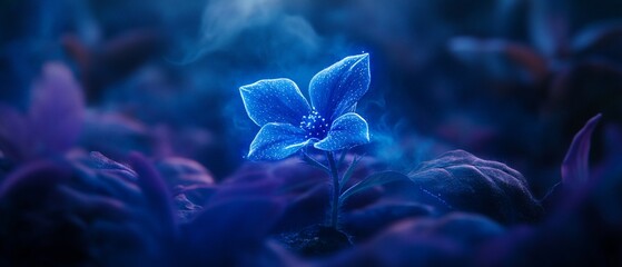 Glowing blue flower blooms in dark garden; mystical fantasy scene