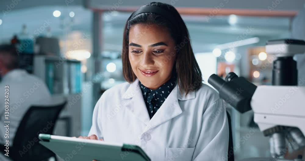 Poster biotechnology, science and tablet with woman in laboratory for development of cure, medicine or trea