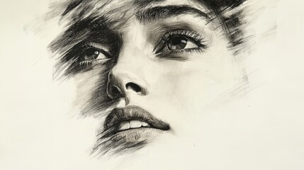 Fototapeta premium A black and white drawing of a woman's face with detailed features