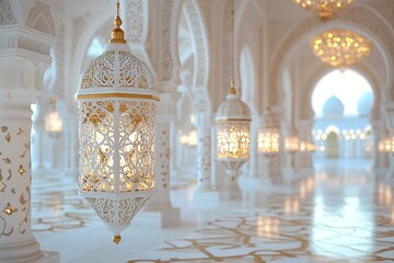 Extravagant lanterns in gold and white over a lavish Arabian backdrop. Generative Ai
