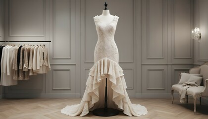 Elegant Wedding Gown on Mannequin in Classic Interior with Dress Rack and Chair