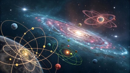 Futuristic cosmic galaxy with atomic structure and planets
