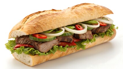 Delicious steak sandwich with fresh vegetables and crispy baguette