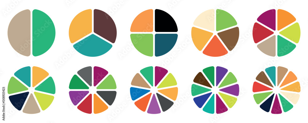 Poster circle division pie charts infographic icon set. collection of colorful diagrams. different color ci