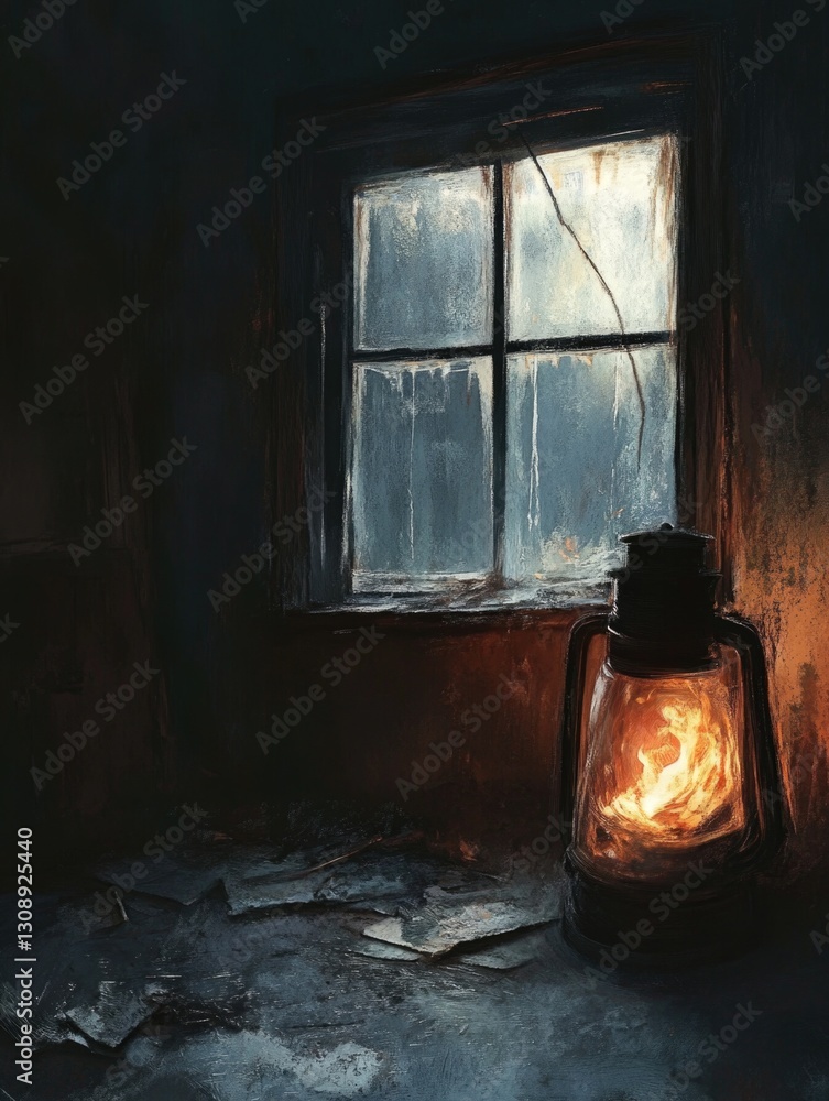 Poster a lone lantern sits in front of a window in a darkened room, providing a small pool of light