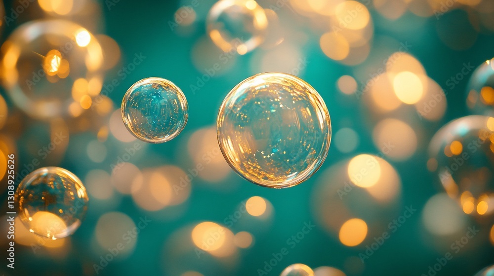 Poster golden bubbles float on teal, bokeh background; abstract art