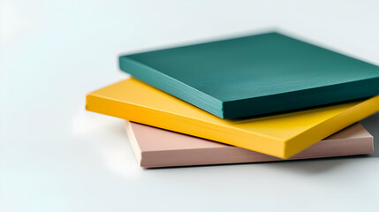 Stacked Trio Of Colorful Textured Squares In Green Yellow And Pink Against Light Background