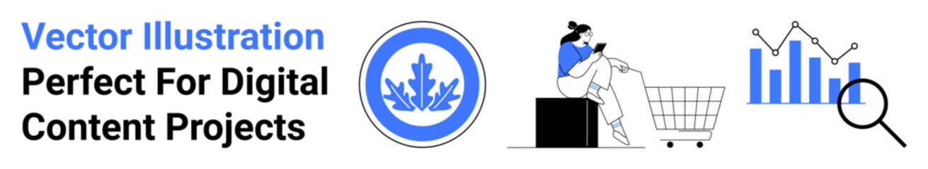 Obraz premium Woman seated shopping online, blue icon, magnifying glass analyzing bar charts. Ideal for e-commerce, analytics, digital marketing, online retail, data research, consumer behavior flat landing page