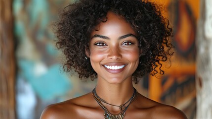 A young woman with curly hair is smiling widely, showcasing her teeth.