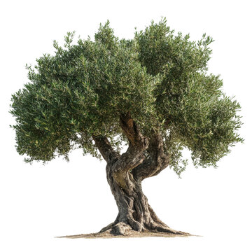 Beautiful olive tree with twisted trunk and dense green foliage isolated on white background