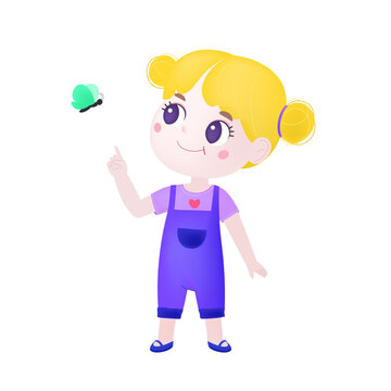 Little girl points at butterfly with index finger. Illustration of astonished, amazed child. Flat graphic illustration isolated on white background