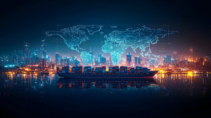 Container Ship Sailing Through Harbor at Night with Illuminated City Skyline and Digital World Map Overlay