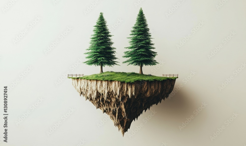 Poster two trees on a floating island with fence, minimal background, ideal for environmental concepts