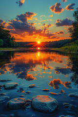 Vibrant sunset reflecting off a tranquil lake surface with foreground rocks