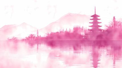 Obraz premium Oriental Lake & Mountain Landscape – Chinese Temple, Sakura & Watercolor Japanese Painting
