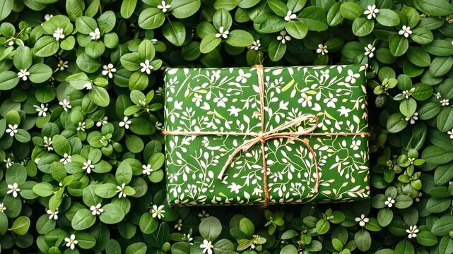 Gift box with natural green wrapping paper nestled in fresh leaves