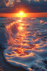 Golden Hour Splendor: Waves Kissing the Shore at Sunset Radiance