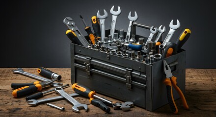 A professional toolbox containing a variety of tools such as wrenches, screwdrivers, and pliers, neatly organized on a workbench, highlighting precision and organization in a workshop setting