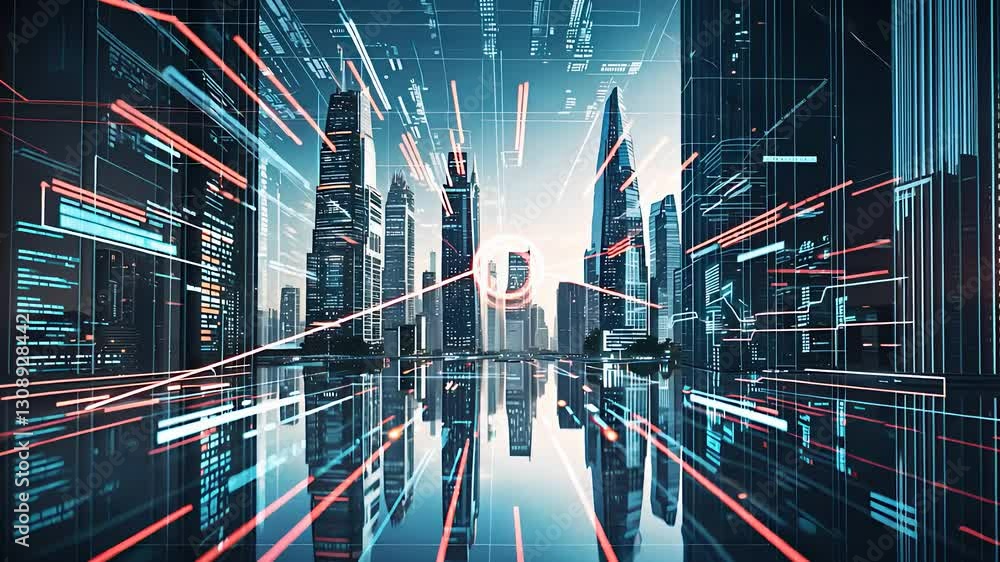 Aufkleber futuristic cyber city with high-tech digital data streams and glowing network connections in a moder