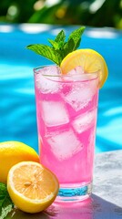 Obraz premium Refreshing Pink Lemonade with Mint and Lemon Slice Near Swimming Pool Summertime Leisure