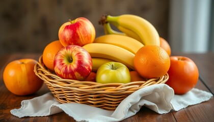 Fresh Fruit Basket with Apples Bananas Oranges on Wooden Table