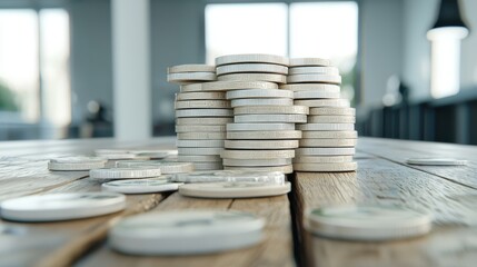 A stack of coins on a wooden table in a modern office setting with soft lighting.