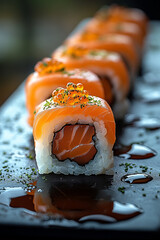 Elegant salmon sushi rolls with tobiko caviar topping on a dark serving plate