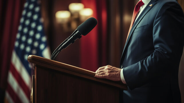 An American politician making speech with US Flag on the background
