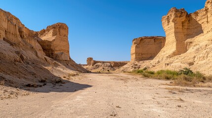 Wide-angle view of dry desert terrain filled with massive, weathered rock formations.