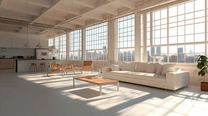 Modern Living Room Interior with Large Windows Sofa and Table Under Bright Sunlight