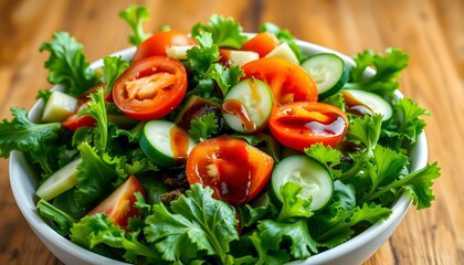 Fresh Salad Bowl with Crisp Lettuce Tomatoes and Cucumbers on Wooden Table