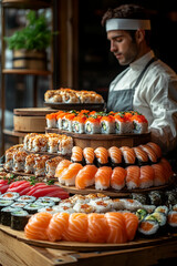 Exquisite sushi presentation featuring a chef and an array of sushi types