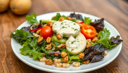 Fresh Salad with Cheese and Vegetables on a White Plate Ready to Eat