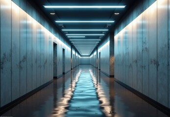 Flooded Corridor with Fluorescent Lighting