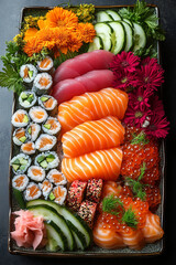Exquisite Sushi Arrangement with Vivid Colors and Freshness on Artistic Plate