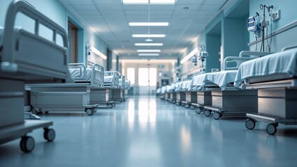 Empty hospital beds line a long corridor with bright light in the distance
