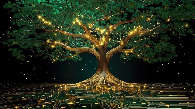 A circuit board forming tree branches, representing the balance between organic life and technology.