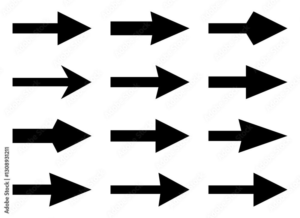 Wall mural collection of short black arrows - black arrow icons - set of simple vector arrows isolated on trans