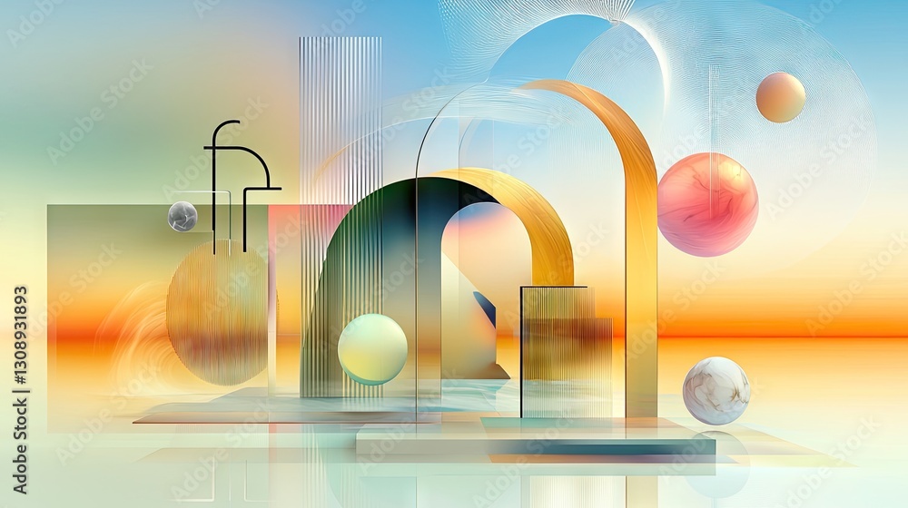 Poster a delicate, pastel-toned abstract design with floating geometric elements and noise grain.