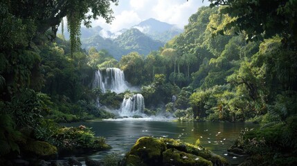 Waterfalls tumble gracefully into a calm lake, framed by dense foliage and vibrant plants. Mist rises from the water as sunlight filters through the trees, enhancing the peaceful atmosphere