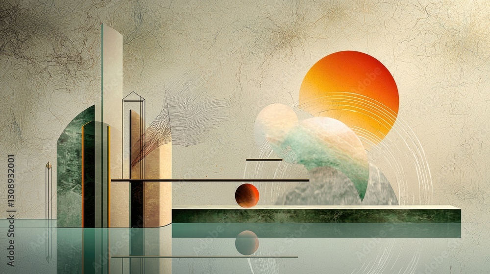 Poster a delicate, pastel-toned abstract design with floating geometric elements and noise grain.