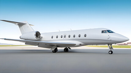 Obraz premium White Jet Aircraft Parked on Runway Against a Clear Blue Sky